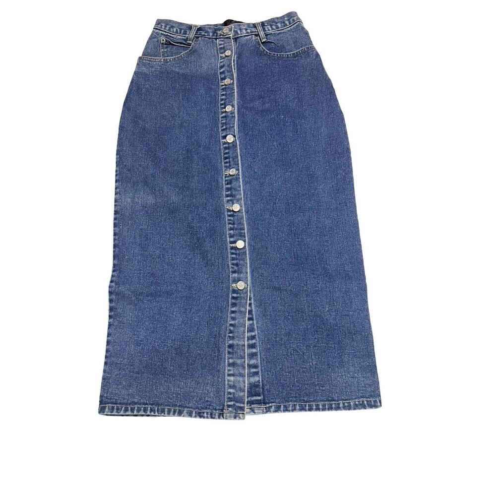 VTG 90's 100% Cotton Button Down Denim Maxi Skirt Pockets Modest SZ 10